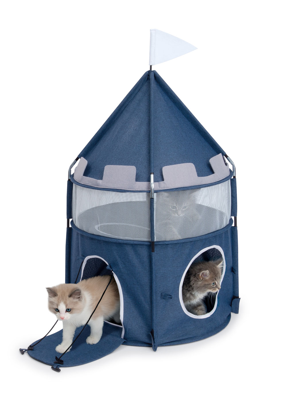 cat exiting a catit vesper toy castle