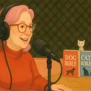 an illustration of tracie with headphones and a podcast microphone