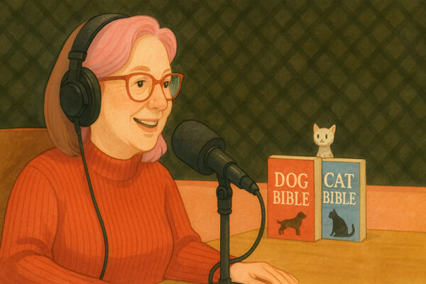 an illustration of tracie with headphones and a podcast microphone