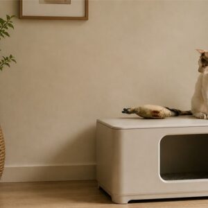 cat sitting on the top of a litter box