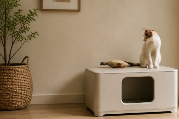 cat sitting on the top of a litter box