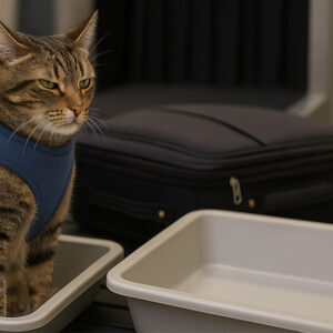 cat sitting in airport security bin