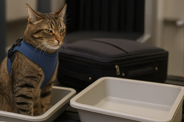 cat sitting in airport security bin