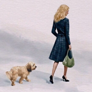 an illustration of a woman carrying a purse with a dog trailing slightly behind her