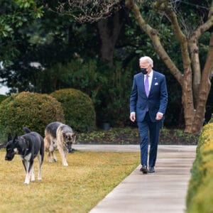 President Biden walking with 2 dogs